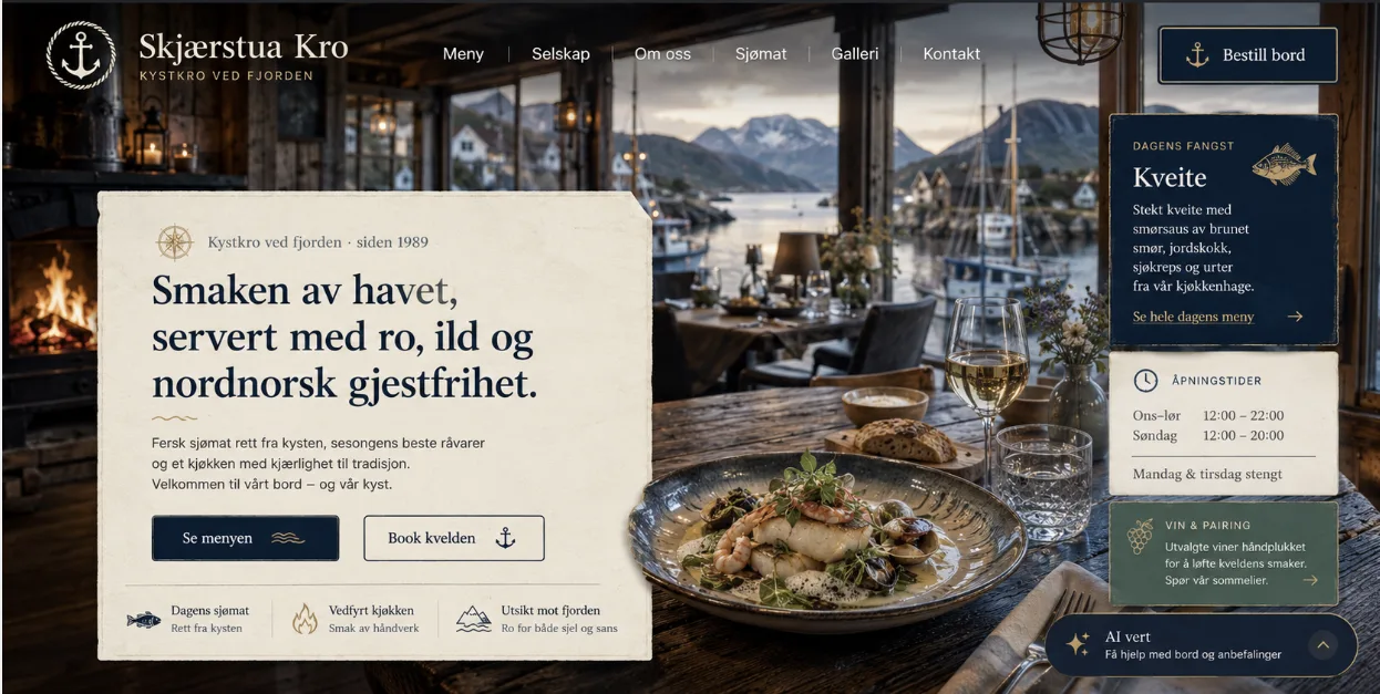 Concept design for a Norwegian coastal restaurant website with an AI host for bookings