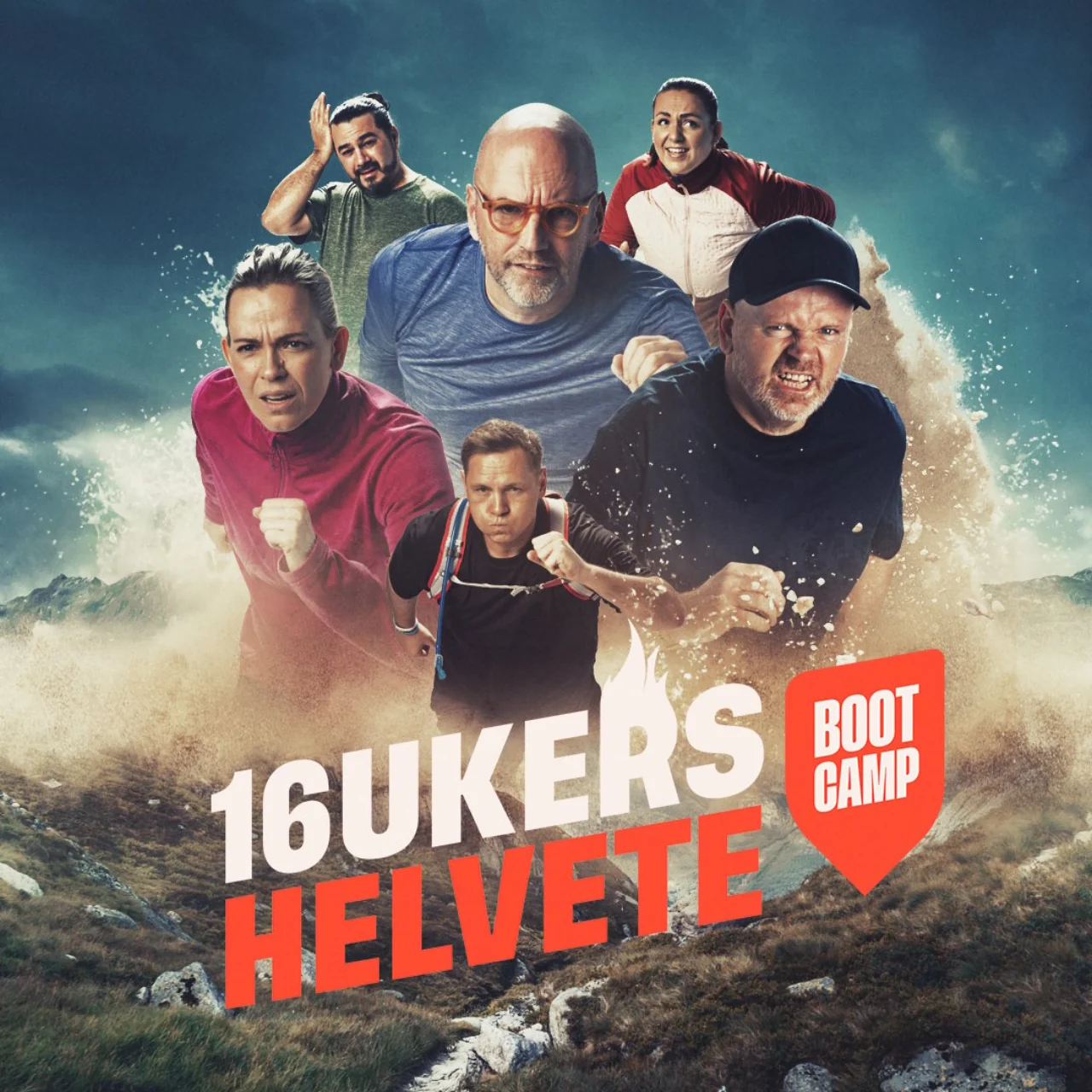 16 ukers helvete bootcamp promotional poster — six celebrities running through a dust storm