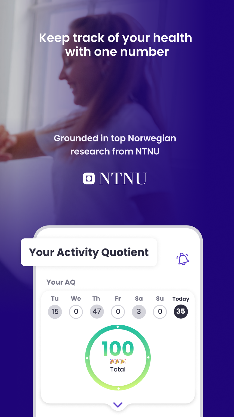 MiaHealth app screen showing AQ score with NTNU research credibility badge
