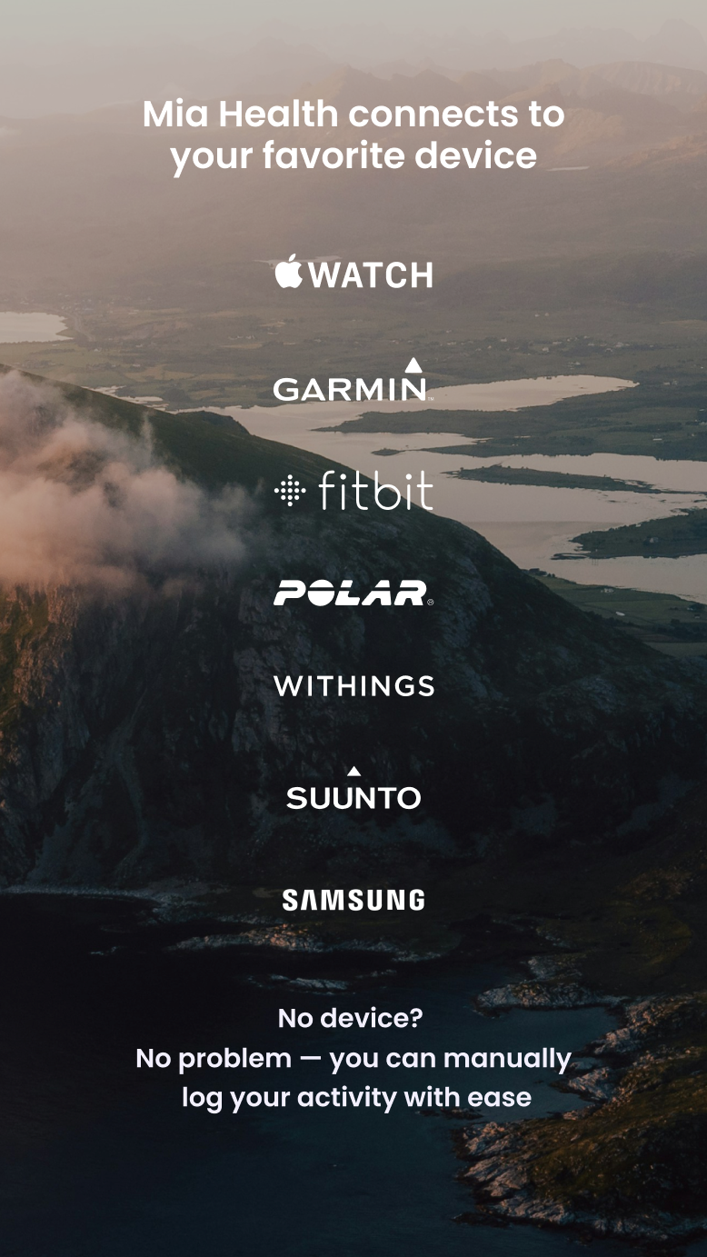 MiaHealth app screen — seven wearable device connections