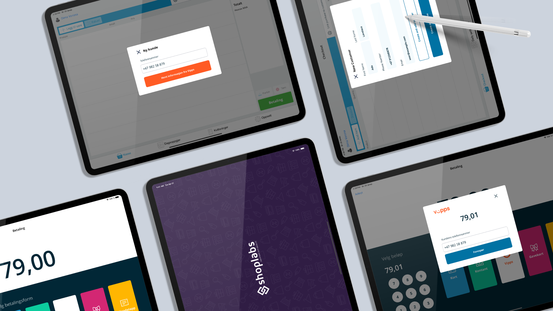 Several iPads showing Shoplabs till screens — checkout, new customer, and Vipps payment