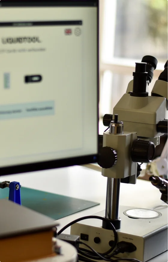 Ein Mikroskop neben einem geöffneten Bildschirm auf einem Tisch, der wissenschaftliche und technische Daten anzeigt