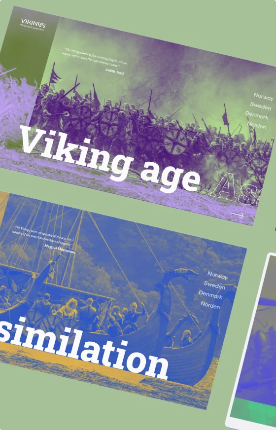 En grønn og mørk lillaskjerm viser grafisk design om vikingtiden og simulering