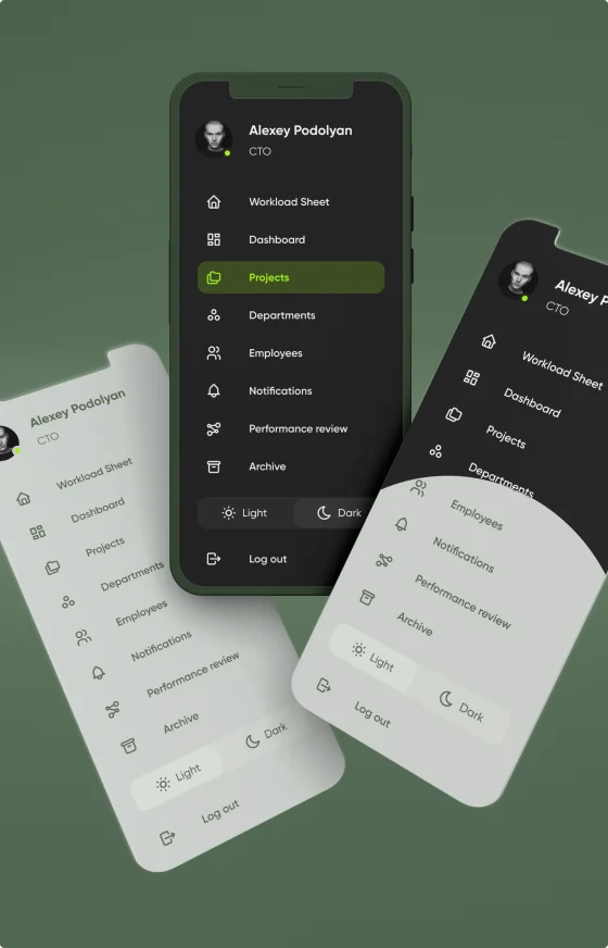 three black and classy mobile phone displays showing LANARS mobile app development services with a green background